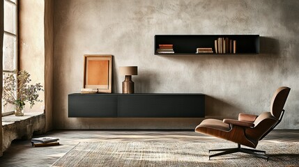   A chair, bookshelf, and lamp occupy a corner near a window