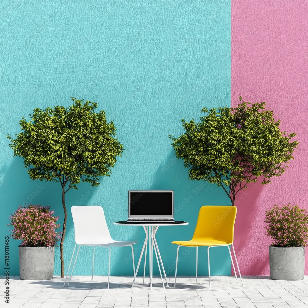 Poster modern workspace with laptop in contemporary minimalist setting surrounded by greenery and colorful 