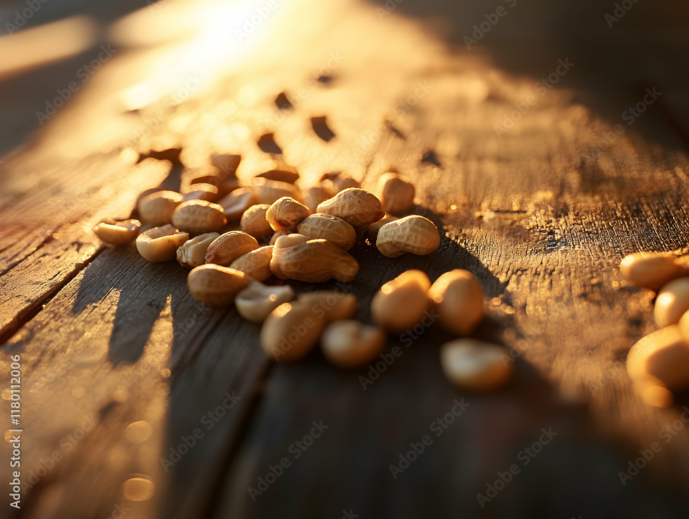 Poster close-up of peeled and unpeeled peanuts on a rustic wooden table illuminated by golden hour light -