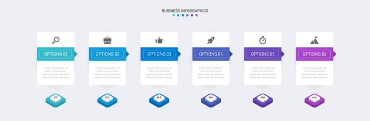Horizontal progress bar featuring 6 arrow-shaped elements, symbolizing the six stages of business strategy and progression. Clean timeline infographic design template. Vector for presentation