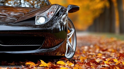 A black sports car parked in a parking lot surrounded by leaves