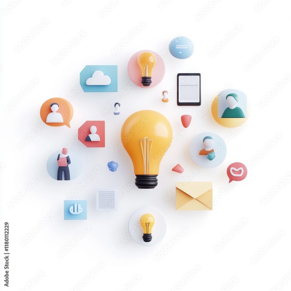 Poster creative concept of digital communication and ideas represented by colorful icons and a light bulb i