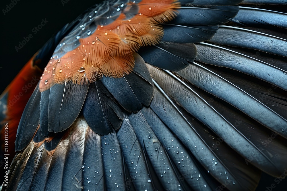 Poster bird feathers with a gradient of orange to blue are forming an intricate pattern with water droplets