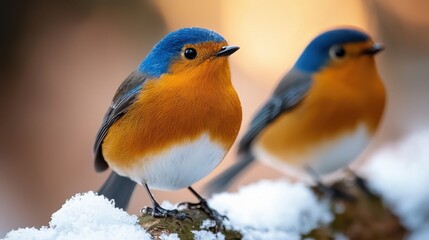 A couple of birds sitting on top of a snow covered branch