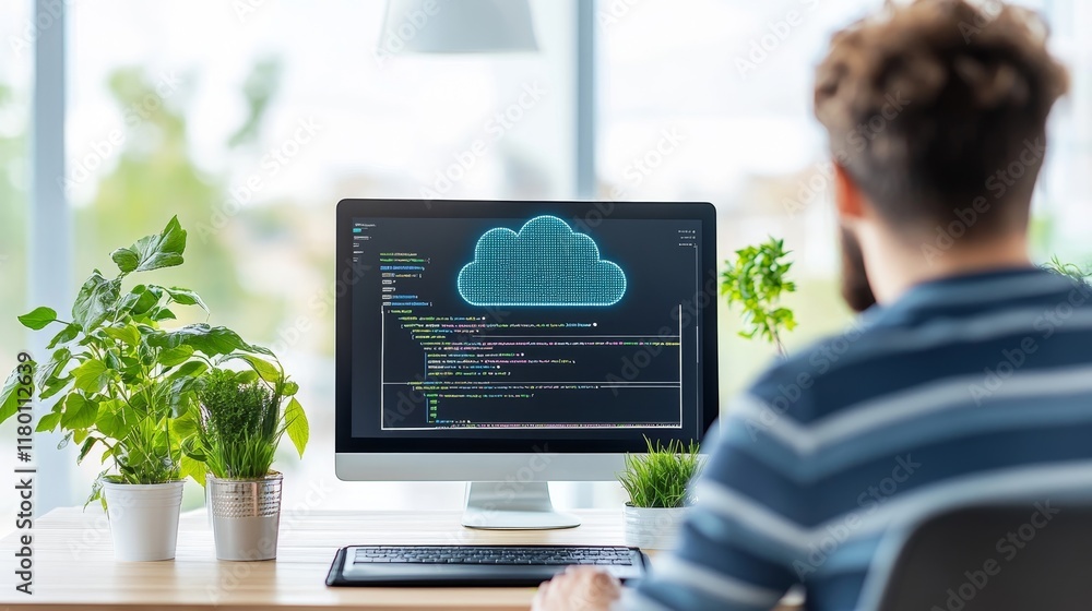 Poster young developer working on innovative cloud-based solutions at modern workspace surrounded by greene