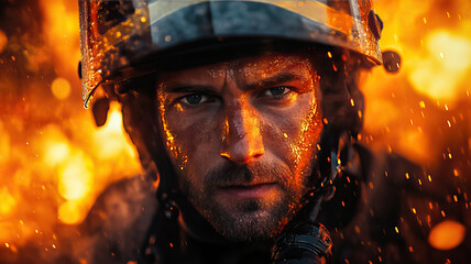 Intense portrait of determined caucasian male firefighter amidst flames