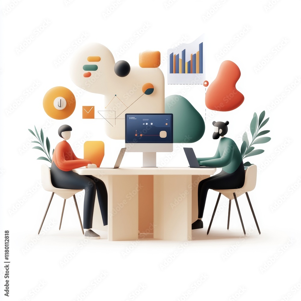 Aufkleber collaborative workspace illustration featuring diverse characters engaging in digital analysis and c