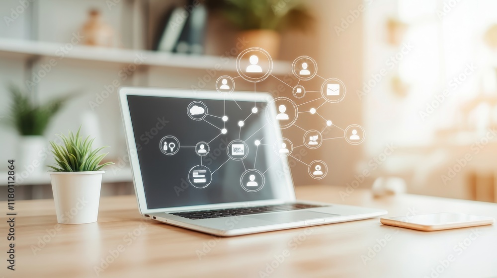 Poster modern workspace with laptop displaying connection icons, greenery in the background, and a bright, 