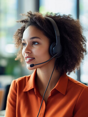 Young professional wearing a headset engages in a conversation at a modern office with bright natural light