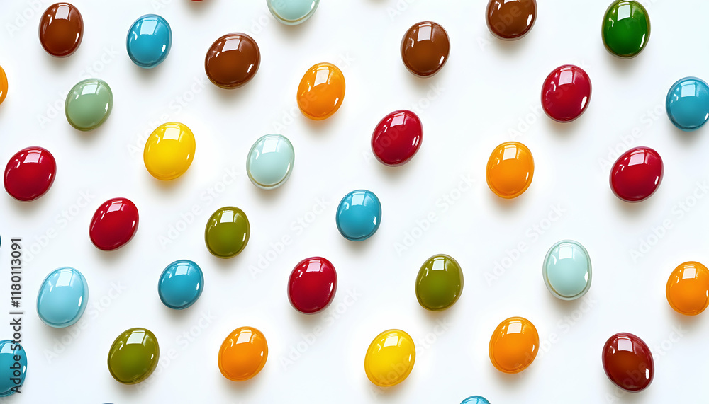 Poster color capsules on a white background in a top view pattern -