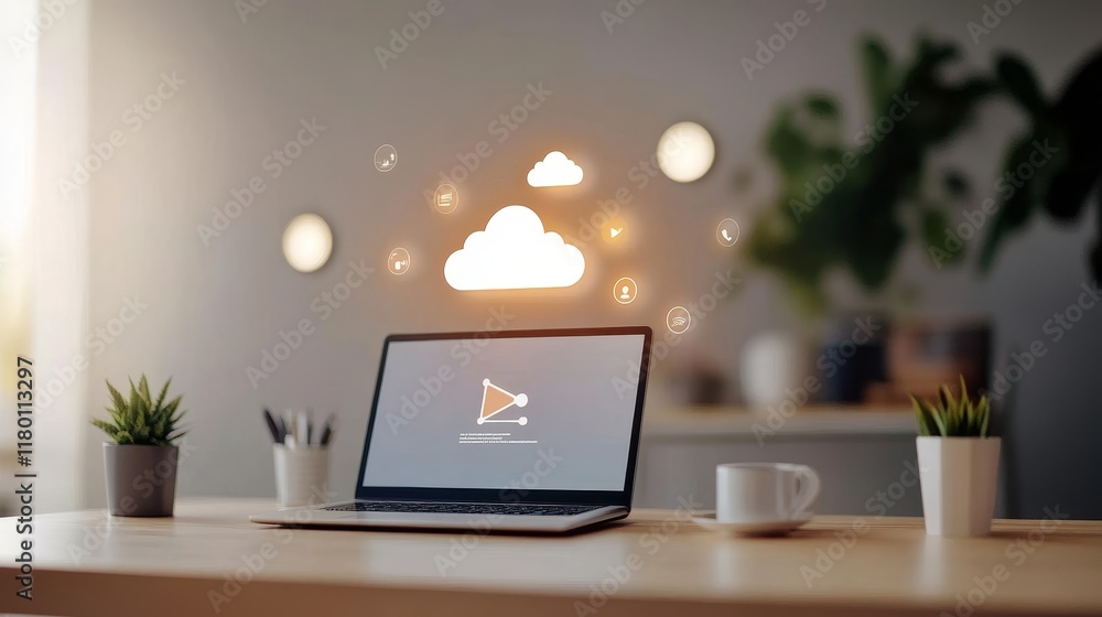 Poster modern workspace featuring a laptop with cloud computing graphics and greenery, symbolizing digital 