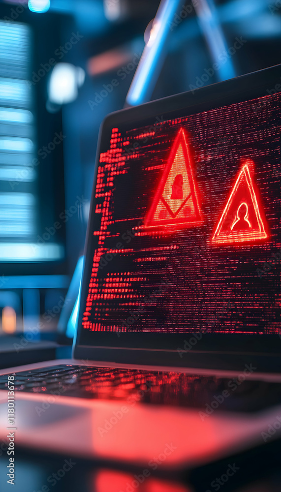 Poster conceptual design warning about online scams with a laptop display -