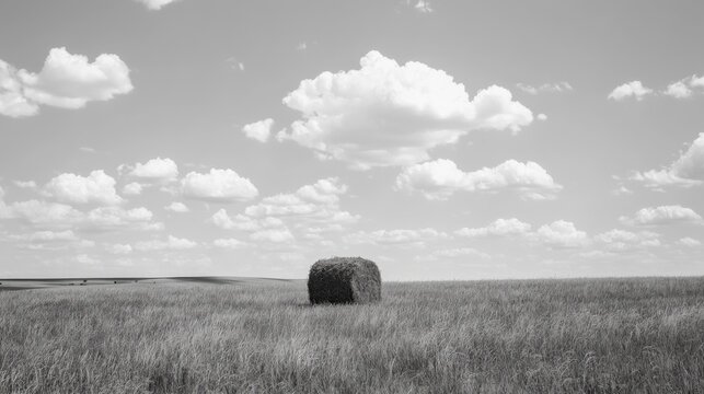 Single hay bale in a vast field under a cloudy sky.