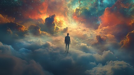 A cosmic adventure scene with a lone figure walking towards a vibrant galaxy of stars and nebulae.