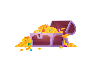 Naklejka premium Treasure chest flat vector icon, cartoon ancient wooden crate with golden coins, gemstones and jewelry, sword, crown