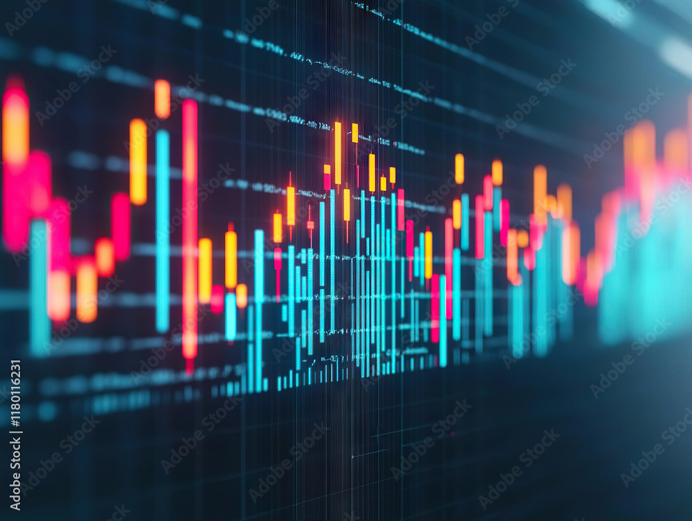 Poster colorful financial data chart with glowing bar graphs and lines on digital screen