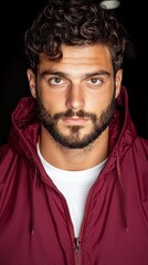 Fototapeta premium A man with curly hair and a beard wearing a maroon jacket