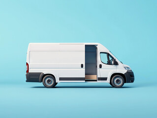 White delivery van with open sliding door showcasing interior space on light blue background