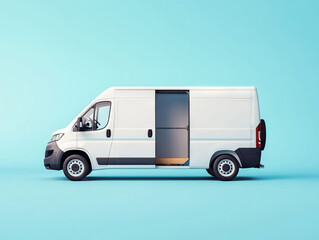 Naklejka premium White delivery van with open sliding door showcasing interior space on light blue background
