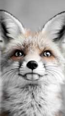 A close up of a red fox's face with a gray background