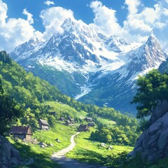 Obraz premium Mountain Village Nestled Amongst Lush Green Hills and Snow Capped Peaks