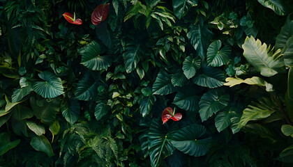 Dense tropical foliage wall composed of dark green leaves such as anthuriums, epiphytes, and ferns, creating a lush natural design  -
