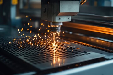 Modern CNC perforation machine in metalworking factory.