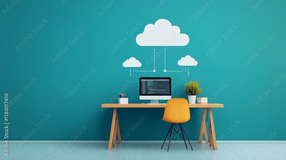 Poster modern workspace with computer and cloud symbols on blue wall, showcasing technology integration and