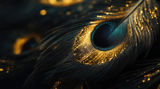 Stylish dark feather texture background. Colorful peacock feathers, Shallow Dof. Peacock feather , close up of black and gold feathers background. Top view