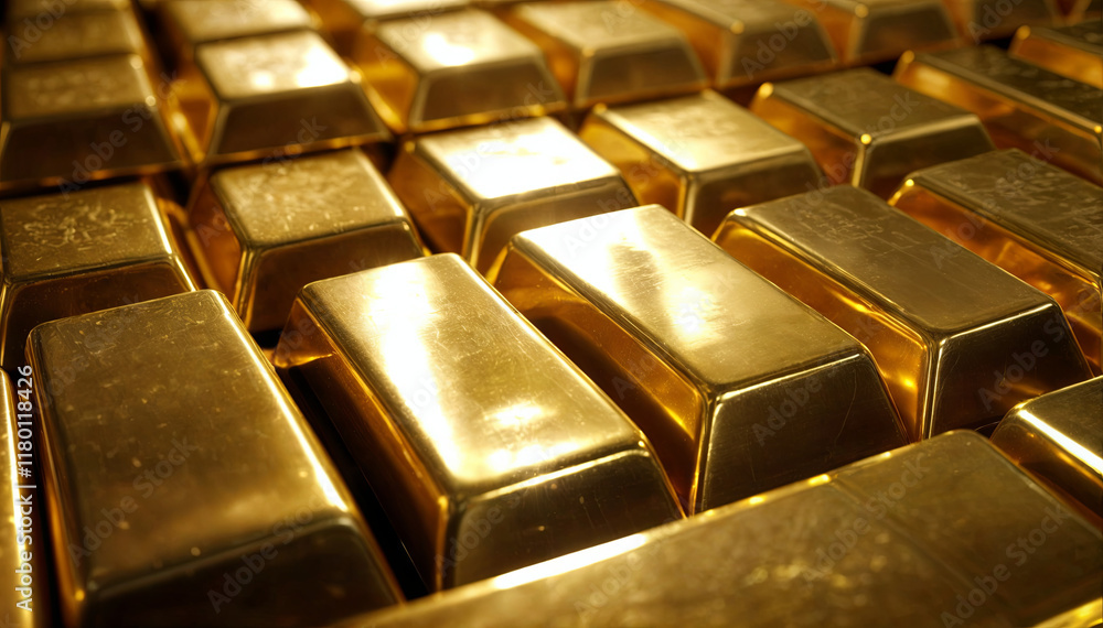 Poster a collection of shiny gold bars is stacked closely together in a secure environment, highlighting th