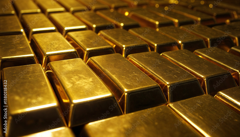 Poster gleaming gold bars are arranged in orderly rows within a secure vault, showcasing their value and al
