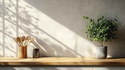 A minimalist kitchen counter with wooden utensils and a green indoor plant.