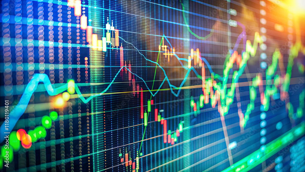 Poster intricate graphs showcasing stock market fluctuations display various trends and data points in a dy
