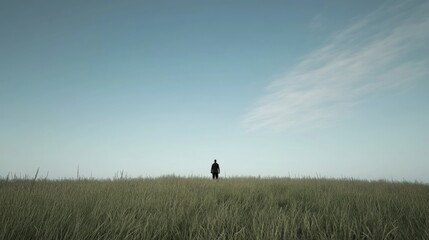 Solitary figure standing in a vast grassy field under a clear blue sky.
