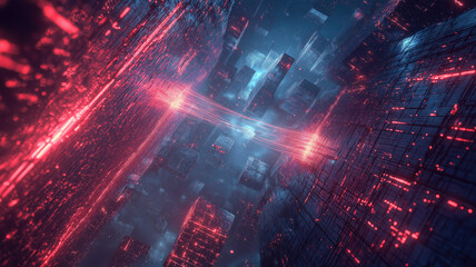 Fototapeta premium The concept of high-speed internet connection visualized as glowing cable webs sending digital data over spectacular futuristic cyberpunk cityscape with skyscrapers. Digital art 3D illustration.