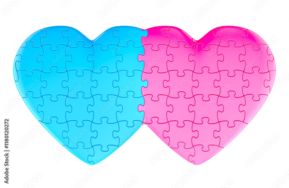 Poster two hearts from puzzles connected, 3d rendering isolated on transparent background