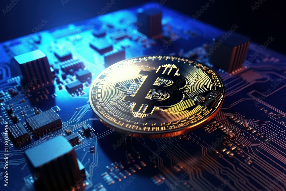 Poster bitcoin cryptocurrency resting on a computer circuit board, symbolizing the digital nature of blockc