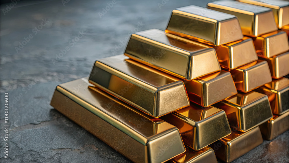 Poster a collection of shiny gold bars is meticulously arranged in a stack on a textured dark surface, refl