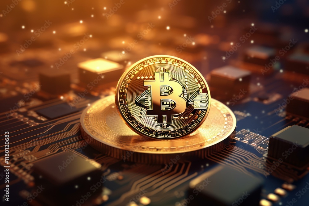 Poster golden bitcoin standing on a circuit board, representing the connection between cryptocurrency and t