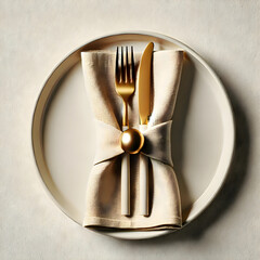 Cutlery on Plates with Beige Napkin, Elegant table setting with gold cutlery on transparent background.