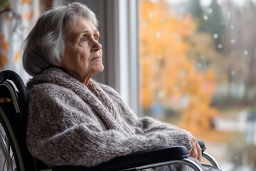 Elderly woman sitting in a wheelchair near a window, gazing outside with a lost, distant look, symbolic of longing and isolation.