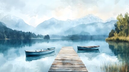 Serene Mountain Lake Scene With Boats Docked at Pier