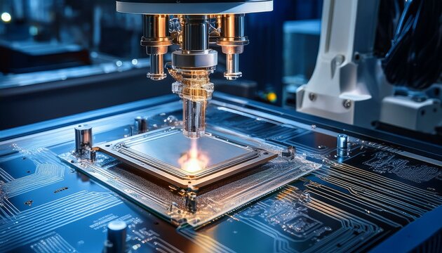 Precision robotic equipment assembles chips during the semiconductor packaging process, highlighting the transparent cover and glossy circuitry