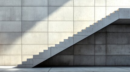 Concrete staircase with sunlight against block wall.