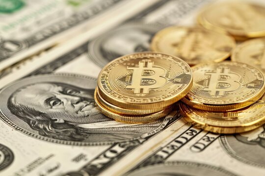 Golden bitcoin cryptocurrency coins are lying on us dollar bills