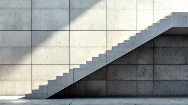 Concrete staircase with sunlight against block wall.