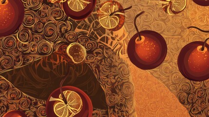 Naklejka premium Golden Citrus Fruits in an Ornate Floral Pattern