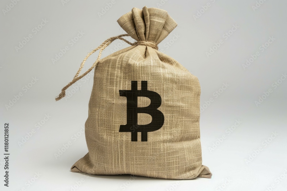 Poster full burlap sack of money with bitcoin symbol printed on is standing up against a plain background