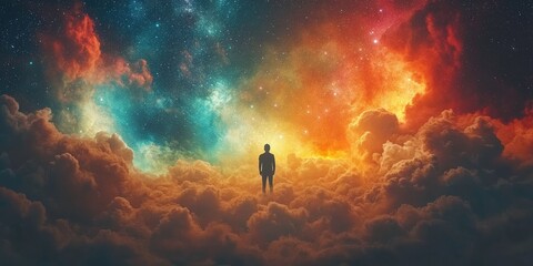 A cosmic adventure scene with a lone figure walking towards a vibrant galaxy of stars and nebulae.