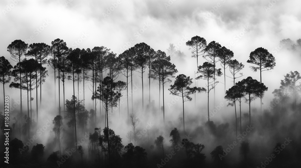 Aufkleber dense fog envelops a forest creating a mystical atmosphere at dawn with tall trees silhouetted again